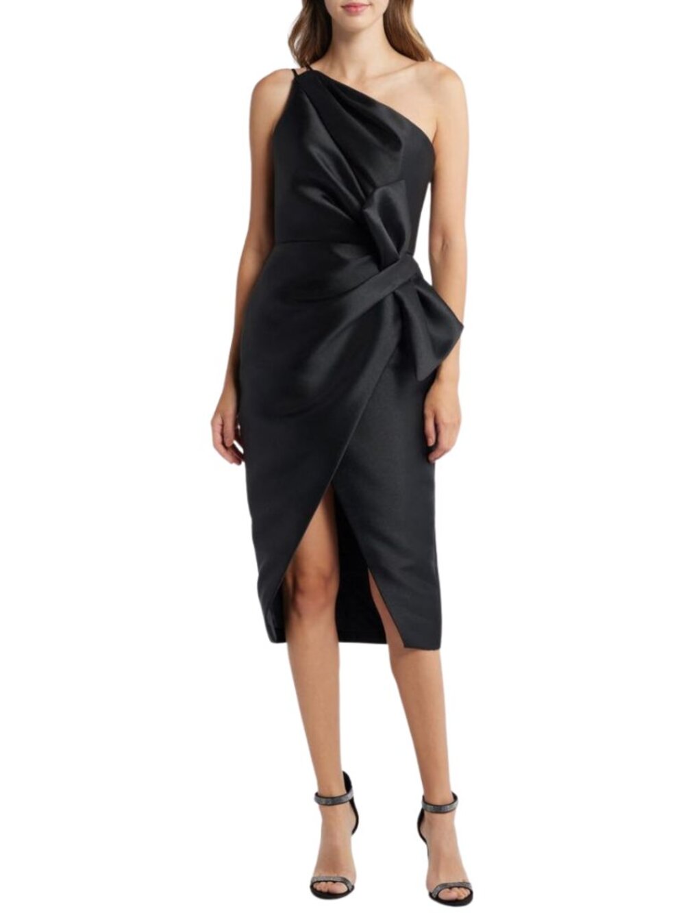 Amsale One-Shoulder Black Midi Dress with Knot Detail NWT Size 14